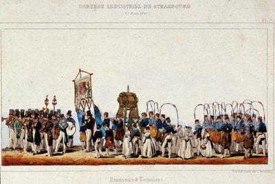De dans van brouwers en kuipers tijdens de industriële optocht in Straatsburg op 25/06/1840. Lithografie van Simon door French School