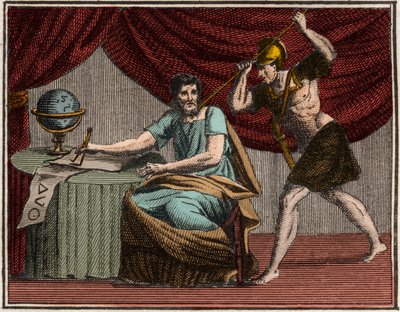 De dood van Archimedes tijdens de verovering van Syracuse, Sicilië, door Romeinse soldaten in 212 v.Chr. door French School
