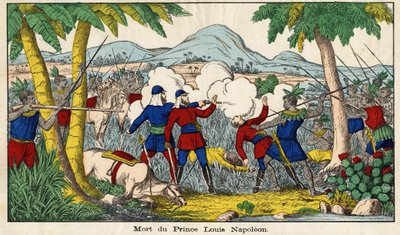 De dood van Prins Eugène Louis Napoleon op 1 juni 1879, keizerlijke prins (23 jaar oud), enige zoon van voormalig keizer Napoleon III en zijn vrouw. Epinal afbeelding 19e eeuw door French School