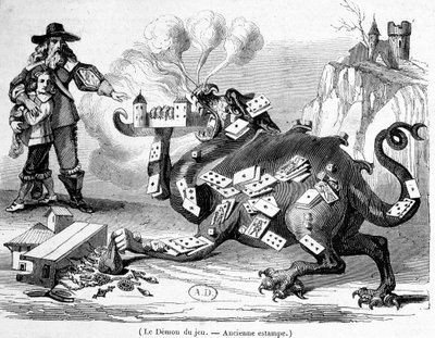 De demon van het spel - Franse allegorische gravure door French School