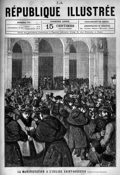 De demonstratie bij de kerk van Saint Augustine in Parijs: verhitte discussie tussen de Parijse politie en demonstranten die tegen de decreten van maart 1880 zijn, genomen door Jules Ferry, die het recht op onderwijs voor niet-erkende religieuze congregati door French School