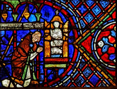 De donor, Etienne Chardonnel (een lid van het kapittel van de kathedraal) biddend voor het beeld van de Maagd door French School