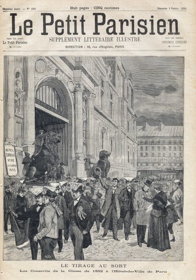 De loting: de dienstplichtigen van de klas van 1892 in het stadhuis van Parijs. Een van de krant Le petit Parisien op 5/02/1893 (gravure) door French School