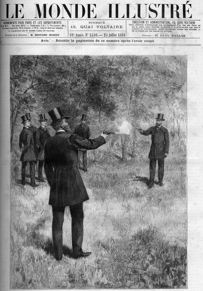 Het duel van Generaal Georges Boulanger (1837-1891), Minister van Oorlog en Baron Lareinty, Senator. Gravure in 