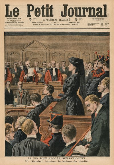 Het einde van een sensationeel proces, Marguerite Steinheil luistert naar het vonnis, voorpagina illustratie van 
