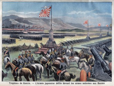 Het einde van het Japans-Russische conflict, het zegevierende Japanse leger zit voor de overname van de Russische wapens, in 