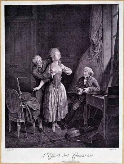 Het essay van het korset (twee mannen en een vrouw met ontblote borsten) - 18e-eeuwse gravure. door French School