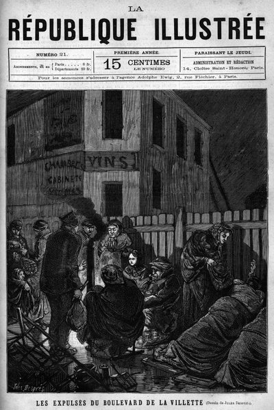 De uitzettingen van Boulevard de la Villette: arbeiders die uit een Parijse stad zijn verdreven moeten op straat slapen (S.D.F.). Een krant. Gravure uit 1880 in 