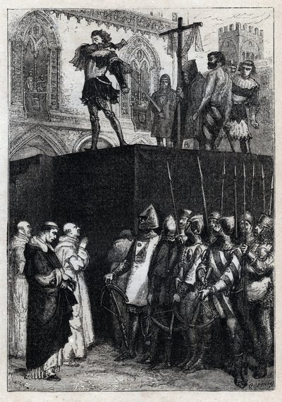 De executie van Conradin (of Conrad van Hohenstaufen) Koning van Sicilië en Hertog van Zwaben (1252-1268) op bevel van Karel van Anjou na de slag bij Tagliacozzo in 1268 door French School