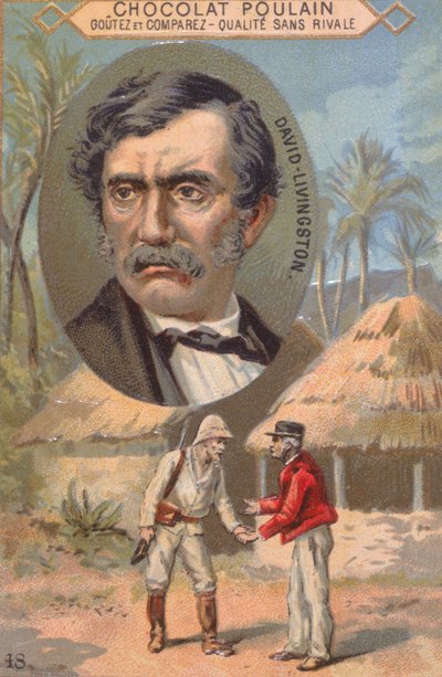 De ontdekkingsreiziger David Livingstone (1813-73) en zijn ontmoeting met Stanley (1840-1904) in Ujiji op 27 oktober 1871, handelskaart die Poulain-chocolade adverteert door French School