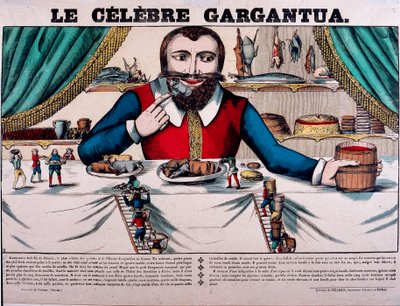 De beroemde Gargantua, personage uit de romans van François Rabelais (1494-1553), Franse schrijver. Gargantua heeft een grote baldakijn en heeft allerlei gerechten. Epinal-afbeelding uit de 19e eeuw door French School