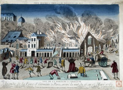 De brand van de St Germain Fair in Parijs, de nacht van 16 op 17 maart 1762 door French School