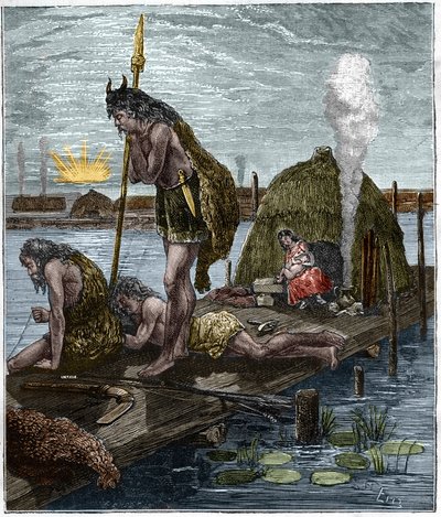 De eerste Parijzenaars, of inwoners van Lutece (Parijs) (hut op palen) Gravure uit 
