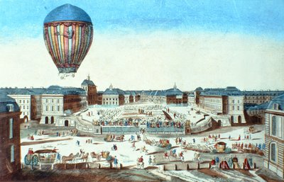 De eerste vlucht van Pilatre du Roziers heteluchtballon, genoemd naar zijn sponsor, M. Montgolfier, in Versailles op 23 juni 1784 door French School