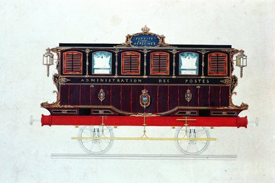 De eerste postwagen in Frankrijk, c.1830-48 (pen & inkt en aquarel op papier) door French School