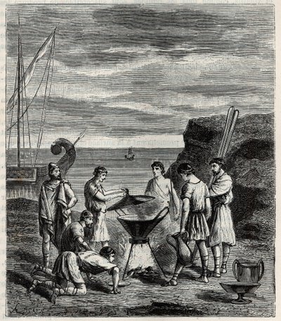 De eerste zeevaarders in de Griekse archipel verkregen vers water door zeewater te verdampen - Gravure in 