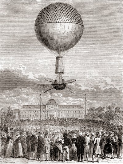 De eerste succesvolle ballonvlucht van Jean-Pierre François Blanchard op 2 maart 1784, in een waterstofgasballon gelanceerd vanaf het Champ de Mars, Parijs, Frankrijk, uit Les Merveilles de la Science, gepubliceerd ca. 1870 door French School