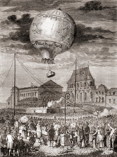 De vlucht van de Aérostat Réveillon op 19 september 1783 door de gebroeders Montgolfier in Versailles, Frankrijk, voor koning Lodewijk XVI van Frankrijk en koningin Marie Antoinette, uit Les Merveilles de la Science, gepubliceerd ca.1870 (gravure) door French School