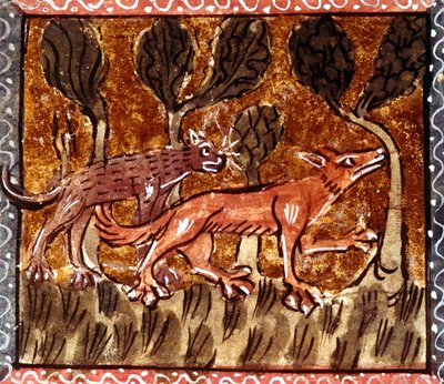 De vos en de wolf, verluchting uit het manuscript getiteld Roman de Renart (De Roman van de Vos), ca. 13e eeuw door French School
