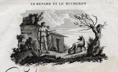 De vos en de houthakker. Fabel van Aesopus. Geschreven door Guillaume Montfort en gegraveerd door Beauble in 1801. door French School