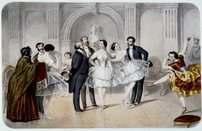 De foyer van de Opera (Opera Garnier in Parijs). Een tutu-danseres die praat met heren die hen kwamen begroeten of een paar danspassen maken. Gravure door French School