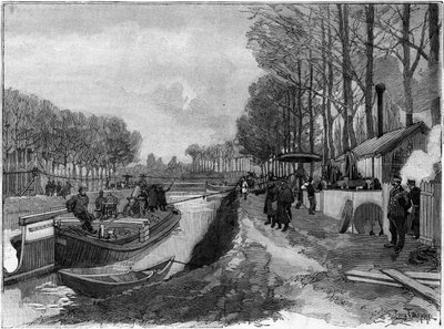 De funiculaire sleep van boten op de kanalen in Joinville-le-Pont, volgens het systeem van Maurice Lévy. door French School