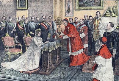 De gouden roos wordt aangeboden aan de koningin van Spanje door Monseigneur Tedeschini door French School