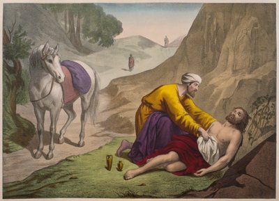 De barmhartige Samaritaan, illustratie uit een catechismus L