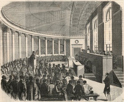 Het grote amfitheater tijdens een wedstrijd aan de rechtenfaculteit in Parijs - Gravure in 