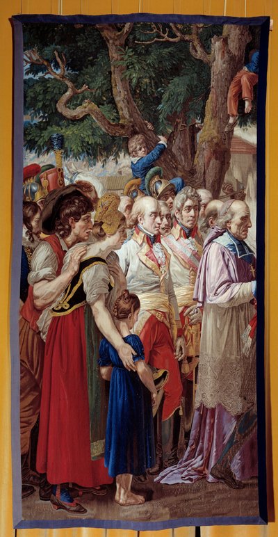 De overhandiging van de sleutels van Wenen aan Napoleon I (1769-1821). De keizer keerde terug naar de Oostenrijkse hoofdstad, verlaten door Frans II van Habsburg op 14/11/1805. Wandtapijt gemaakt door de Gobelins werkplaats. 1815 door French School