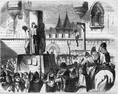 De ketters opgehangen en verbrand door de priesters van Gilbert de la Porree, Bernard de Clairvaux en Abbe Suger, Frankrijk door French School