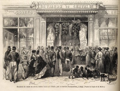 De paardenslagerij bij de barrière de Fontainebleau (Parijs) geopend in 1866 - boucherie chevaline - Boucherie Meat de Cheval Boulevard Italie nabij de barrière de Fontainebleau 1866) Gravure in 