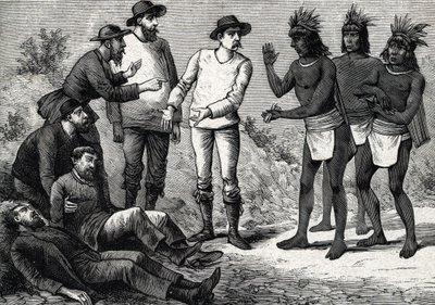 De inwoners van Peru helpen de koloniale Europeanen die lijden aan malaria met kinine (gravure) 1888 door French School