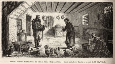 Het interieur van het huis van de pastoor van Mune, dorp Les Cici, die de verteller ontvangt in de hoofdruimte, waar een vrouw op haar knieën de was doet, naast het gevogelte dat daar in volledige vrijheid leeft, gravure naar een tekening van Lafosse ter i door French School