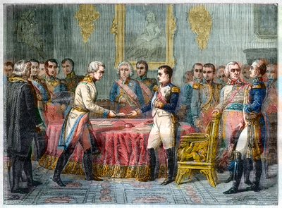 Het interview van Erfurt, 27 september - 14 oktober 1808 - Napoleon I ontvangt baron Vincent, Oostenrijkse diplomaat en gezant van de keizer van Oostenrijk aan de rechterkant Alexander I van Rusland (1777-1825) - Vergadering van prinsen in Erfurt op 27 sep door French School