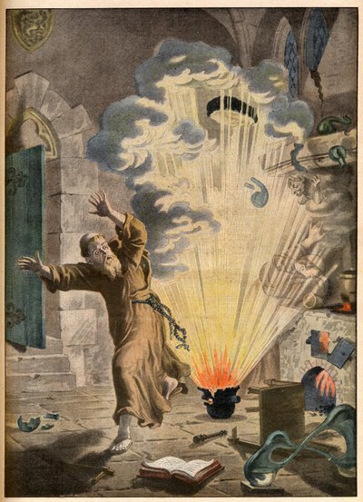 De uitvinding van buskruit door de Duitse monnik en alchemist Berthold Schwartz (ca. 1318-1384) - Illustere uitvindingen. Het buskruit. Illustratie voor Le petit Journal, 27 januari 1901. door French School