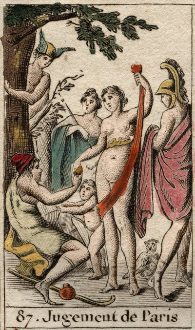 Het oordeel van Parijs, de herder Parijs moet kiezen aan wie hij de gouden appel zal geven om de mooiste van de drie godinnen, Athena, Aphrodite of Hera, aan te wijzen. Uit 