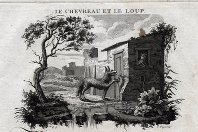 Het kind en de wolf. Fabel van Esope. Geschreven door Guillaume Montfort en gegraveerd door Beauble in 1801. door French School