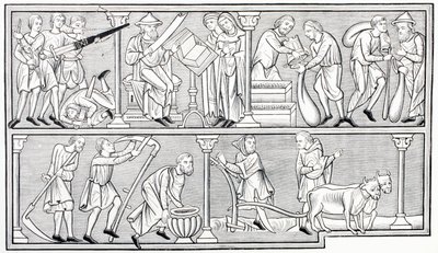 De werken van oorlog, wetenschap, handel en landbouw, naar een miniatuur in een 13e-eeuws psalter, uit Les Arts au Moyen Age, gepubliceerd 1873 door French School