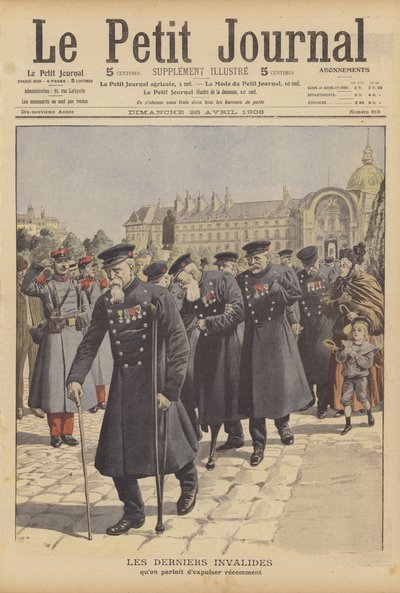 De laatste oorlogsveteranen van het Hotel des Invalides, Parijs (kleurenlitho) door French School