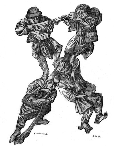 De letter X van het groteske alfabet samengesteld uit vier muzikale karakters, gemaakt in 1466. In "The picturesque store" 1836 door French School
