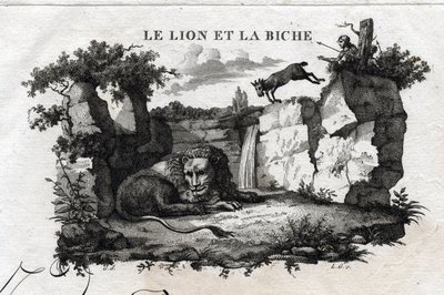 De leeuw en het hert. Fabel van Aesopus. Geschreven door Guillaume Montfort en gegraveerd door Beauble in 1801. door French School