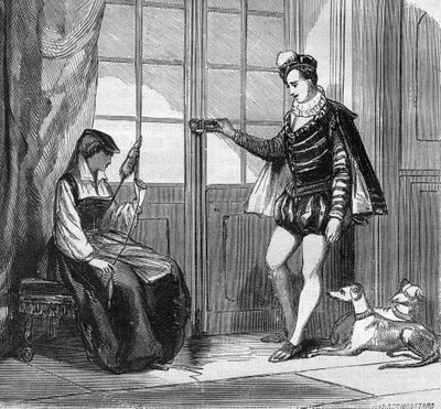 De liefde van koning Hendrik II (1519-1559) en een jonge Italiaanse Filippa Duco. Gravure in 
