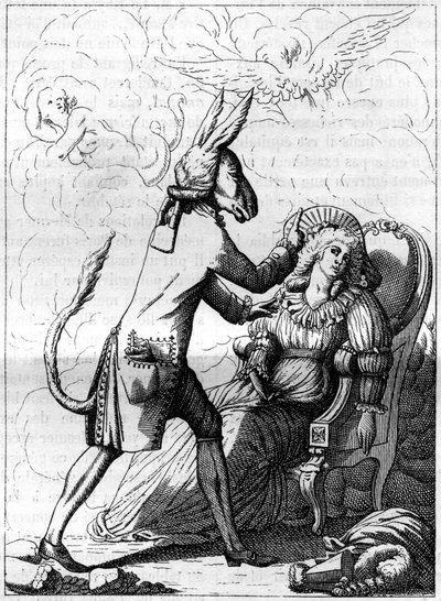 De magische vinger, een college vergelijkbaar met een oude karikatuur over Frans Anton Mesmer (1734-1815), een Duitse arts, grondlegger van de theorie van dierlijk magnetisme of mesmerisme. Gravure in 