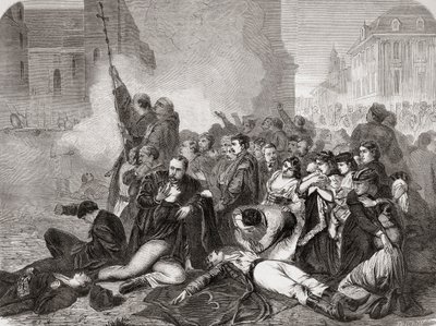 Het bloedbad van burgers op Castle Square, Warschau, op 8 april 1861 door Russische infanterie en cavalerie, uit "L