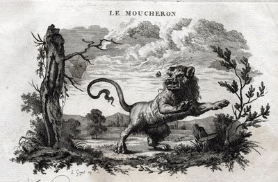 De muggen. Fabel van Aesopus. (Griekse schrijver Aesopus of Aesopus, 6e eeuw v.Chr.) Geschreven door Guillaume Montfort en gegraveerd door Beauble in 1801 door French School