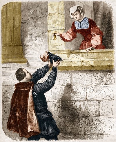 De mysterieuze liefdes van koning Hendrik II (1519-1559) en Diane de Poitiers (1499-1566). Gravure in 