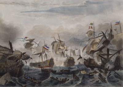 De zeeslag bij Kaap La Hogue in 1692, gegraveerd door Chavanne door French School