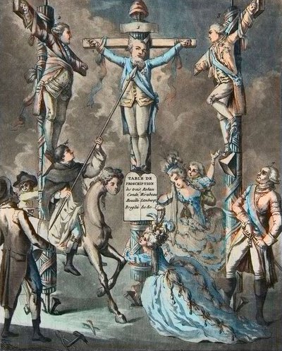 De nieuwe calvarie, Lodewijk XVI aan het kruis door opstanden - 2. en 3. Monsieur (Louis Stanislas Xavier, Graaf van Provence (1755-1824), Lodewijk XVIII) en de Graaf van Artois (Charles Philippe (1757-1836) Charles X), broers van de koning, leunden door d door French School