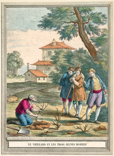 De oude man en de drie jonge mannen door French School